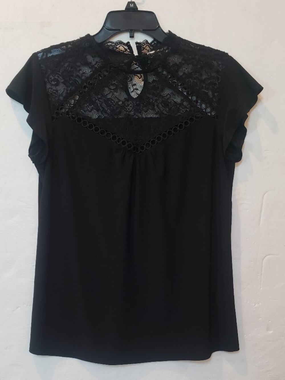 Uncommon Job Black Short Sleeve Blouse with Lace Yolk Medium